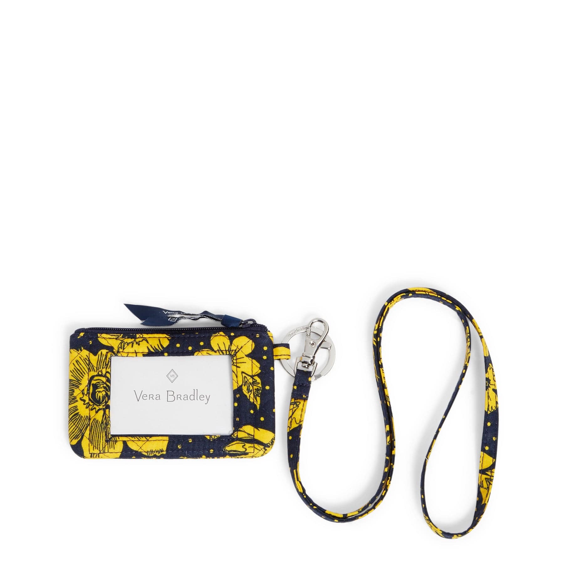 Collegiate Zip ID Lanyard-Navy/Gold Rain Garden with West Virginia University Logo-Image 1-Vera Bradley