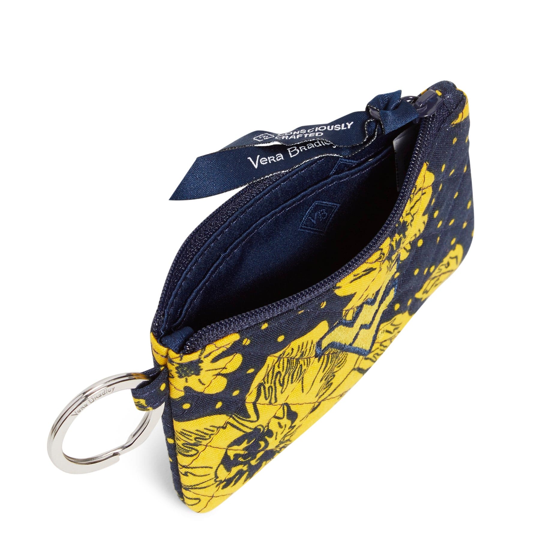Collegiate Zip ID Lanyard-Navy/Gold Rain Garden with West Virginia University Logo-Image 3-Vera Bradley