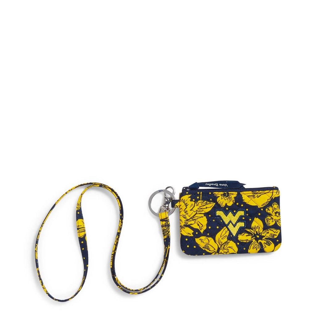 Collegiate Zip ID Lanyard-Navy/Gold Rain Garden with West Virginia University Logo-Image 2-Vera Bradley