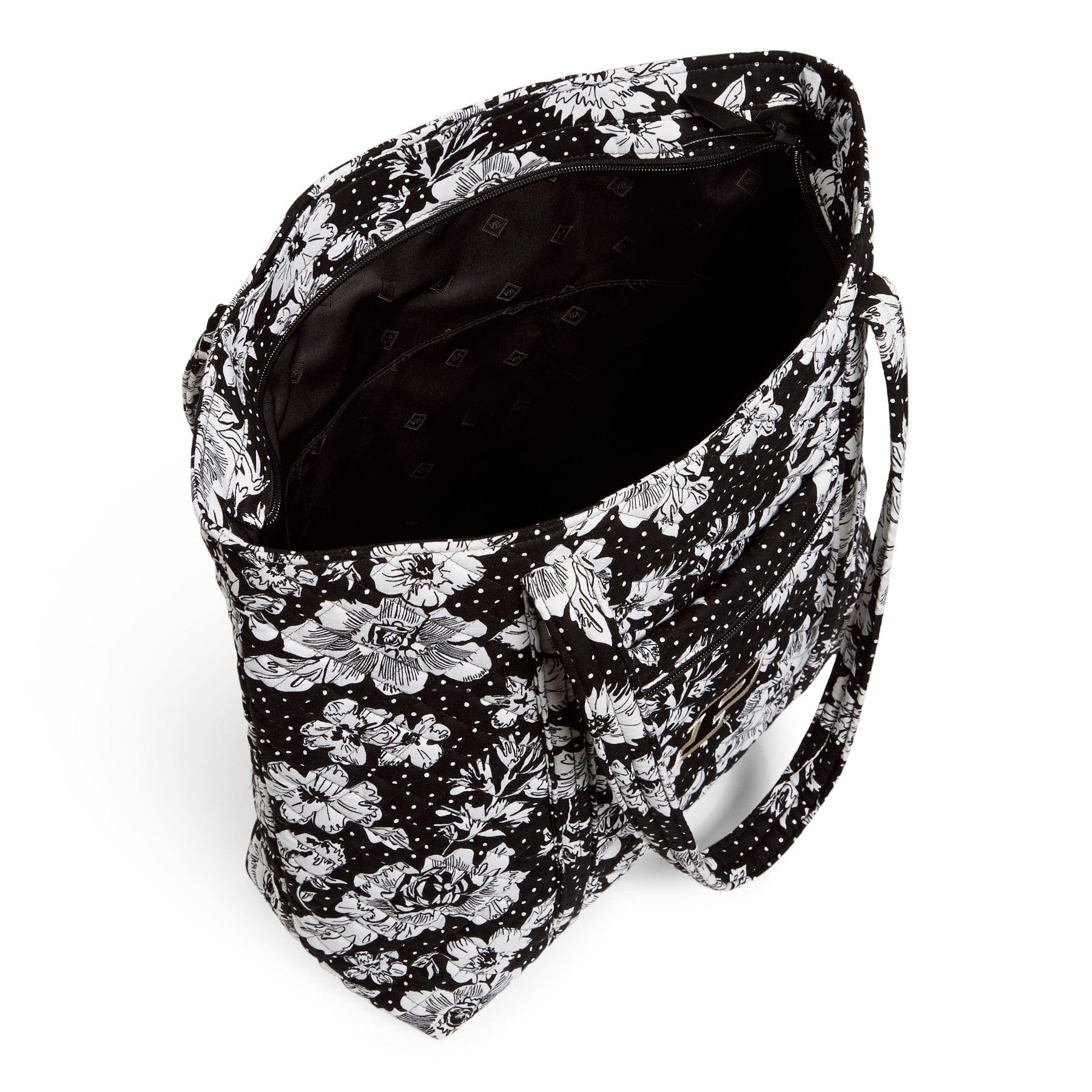Collegiate Vera Tote Bag-Black/White Rain Garden with Purdue University Logo-Image 3-Vera Bradley