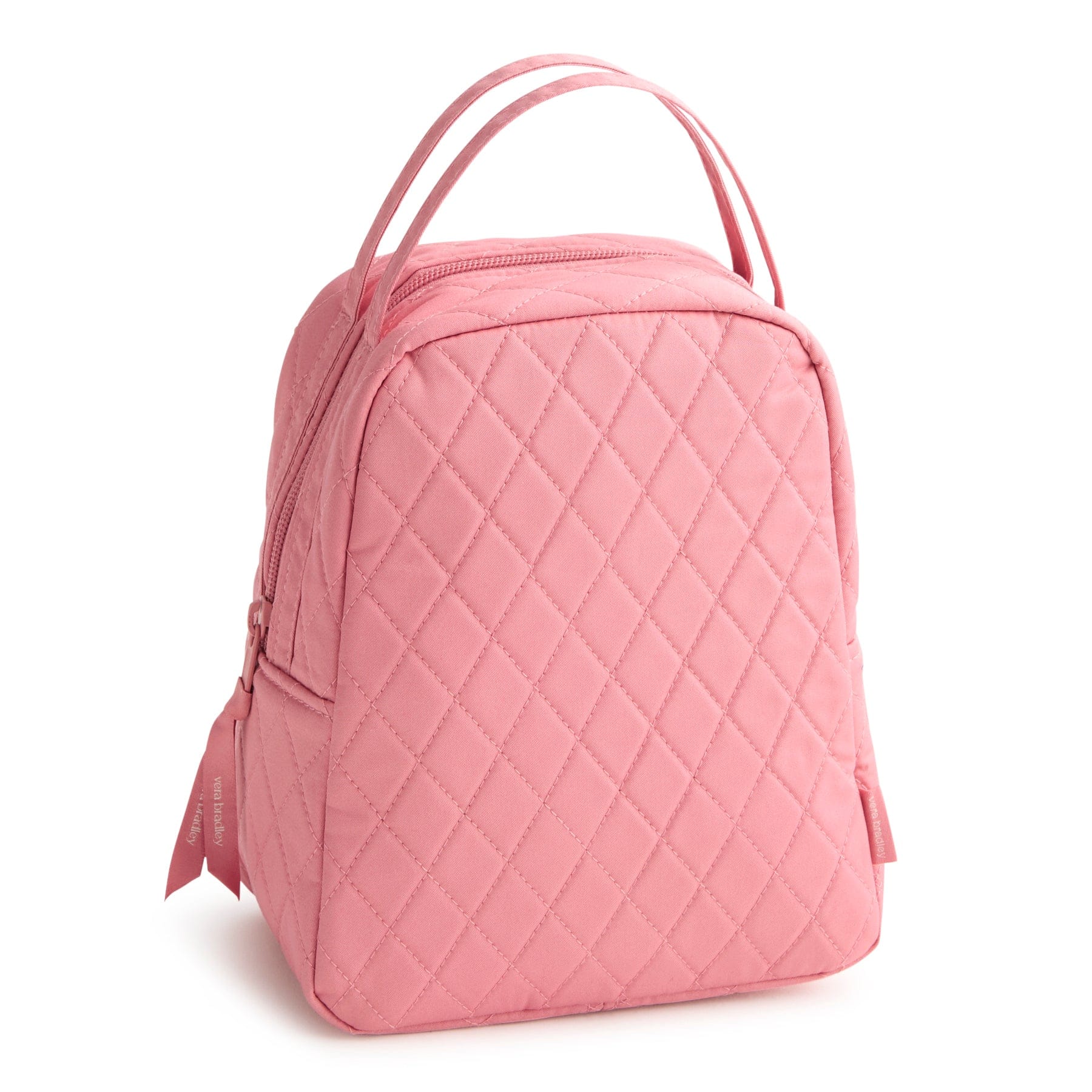 Pink quilted backpack on a white background