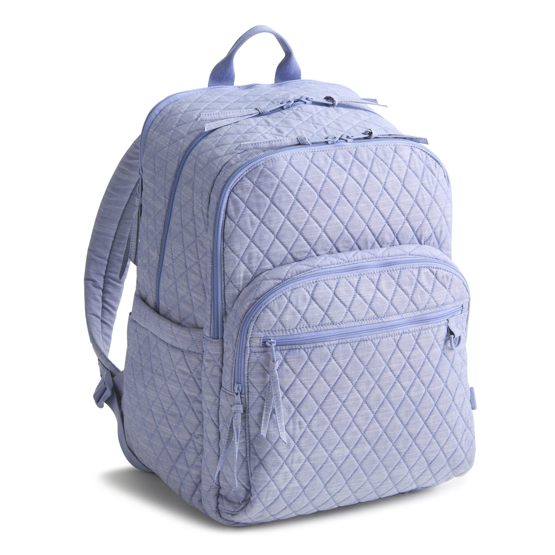 Quilted light blue backpack on a white background