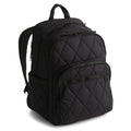 Black quilted backpack on a white background