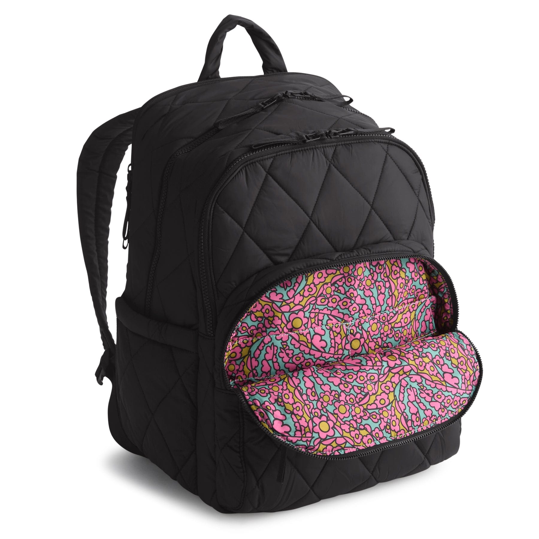 Black quilted backpack with a colorful interior on a white background