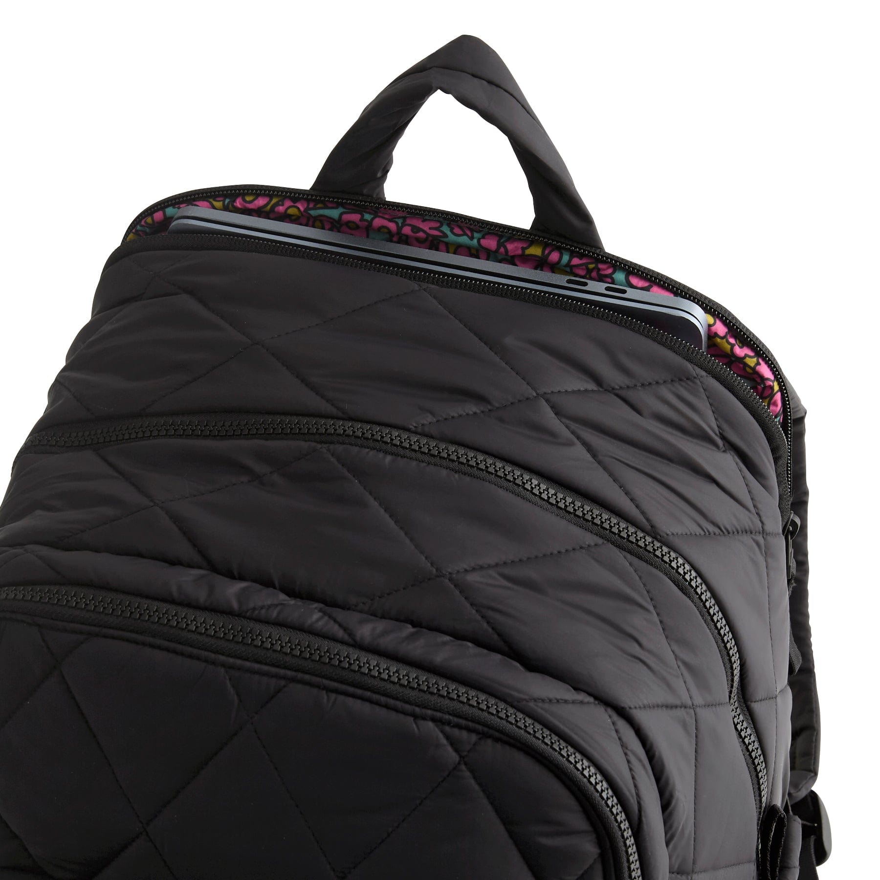 Black quilted backpack with floral interior lining on a white background