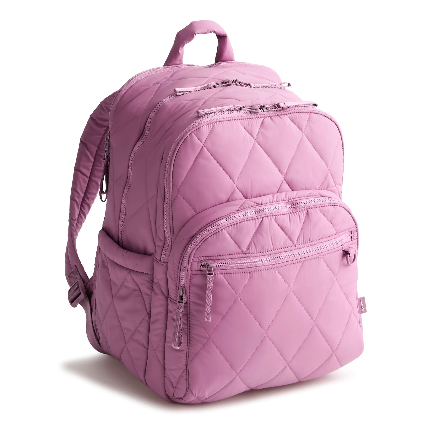 Purple quilted backpack on a white background