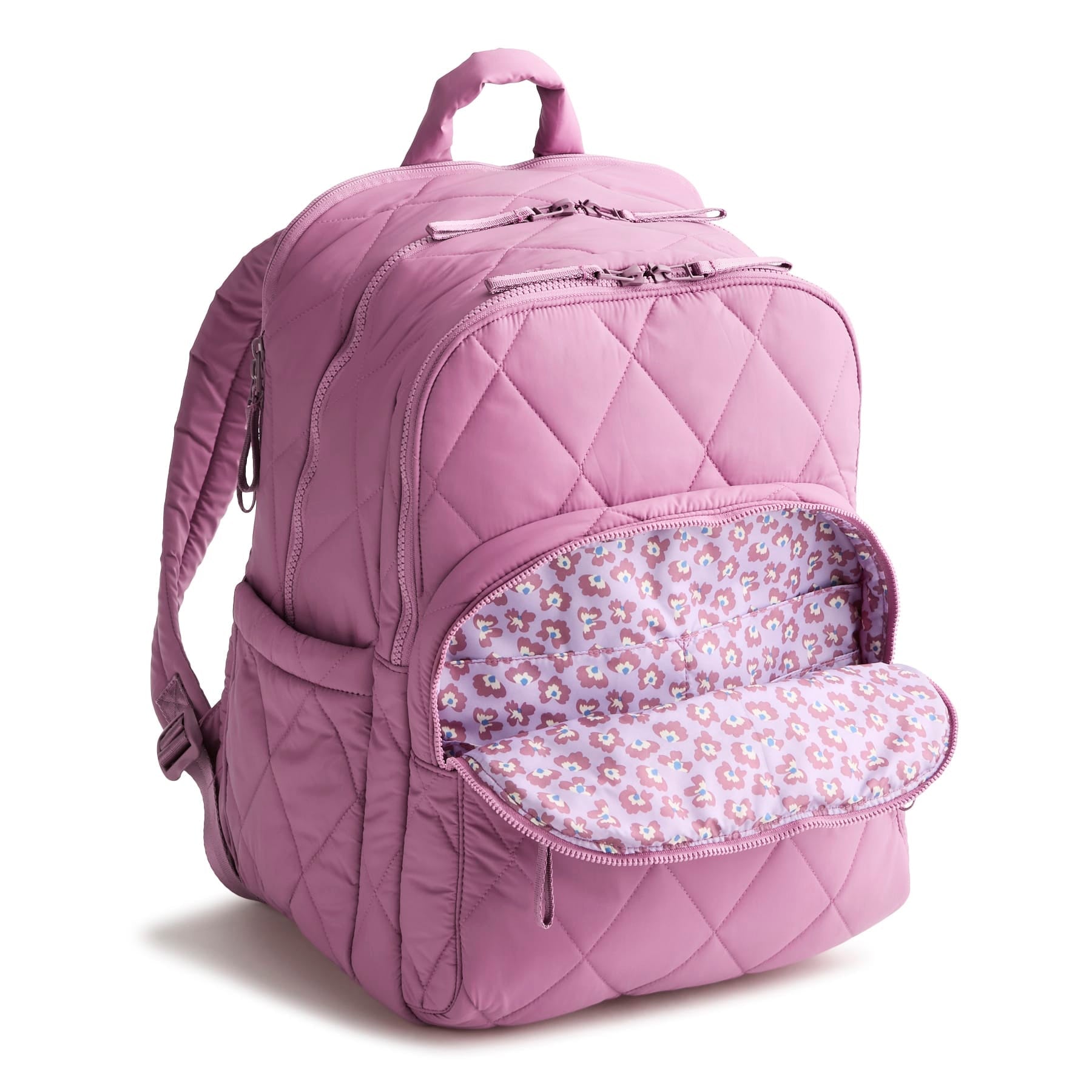 Purple quilted backpack with a floral interior pocket on a white background