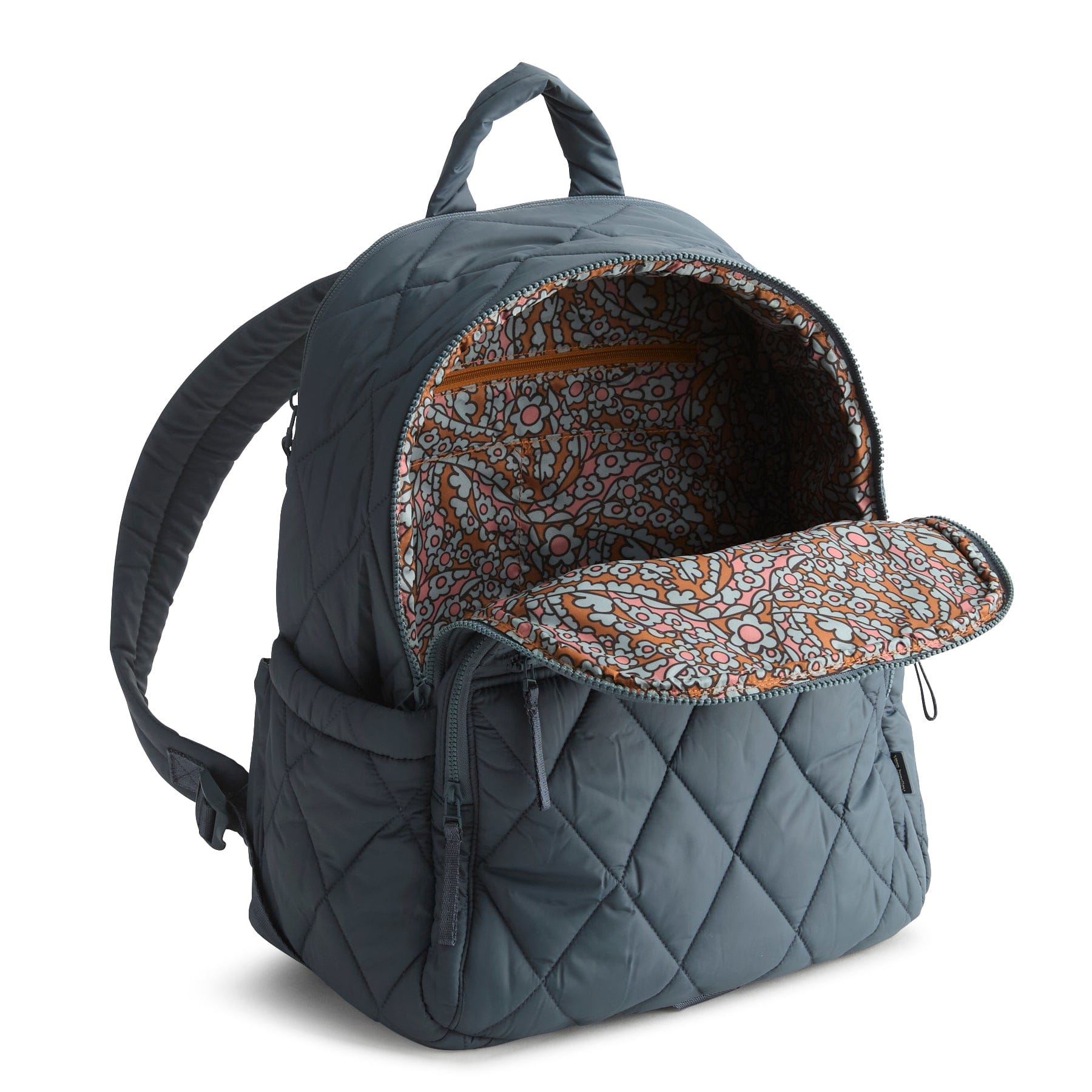 Gray quilted backpack with floral interior on a white background