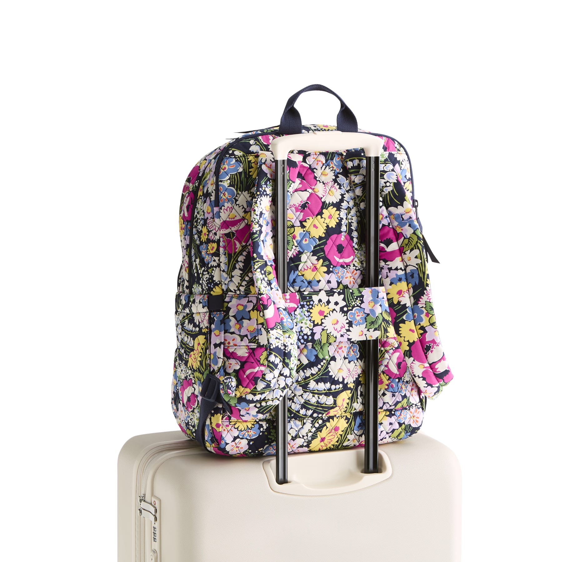 Floral-patterned backpack on a white background