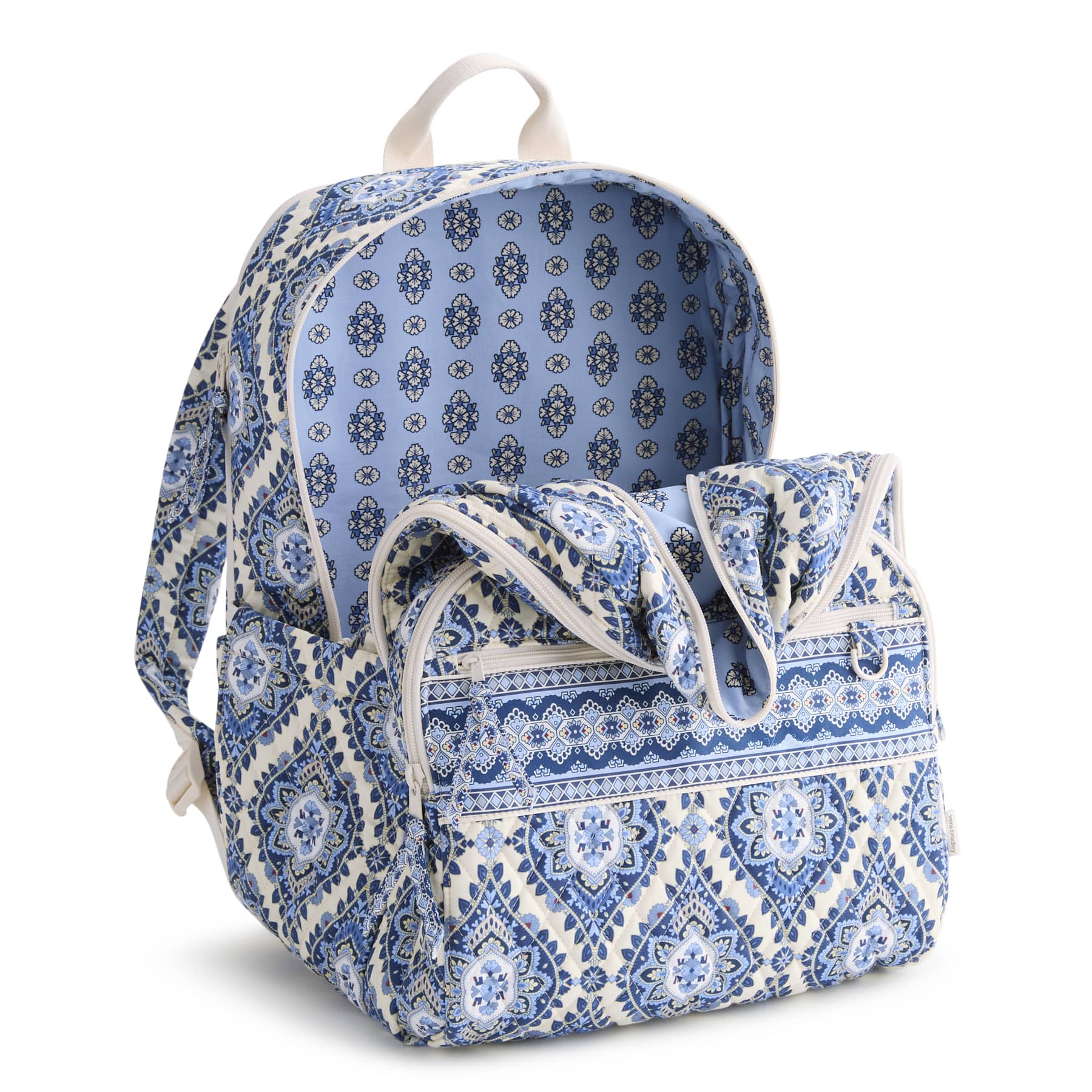 Blue and white patterned backpack with matching pouch on a white background