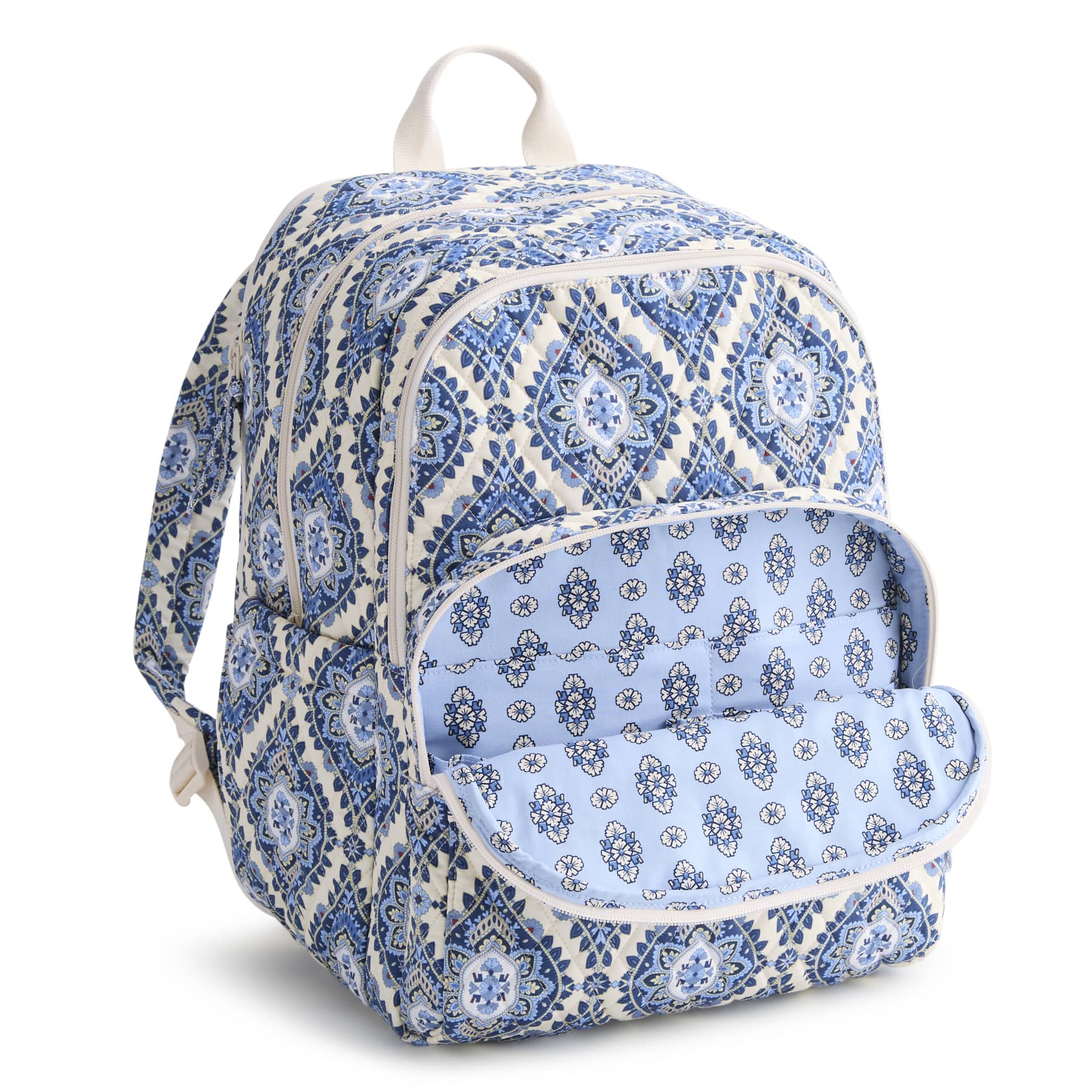 Blue and white patterned backpack on a white background
