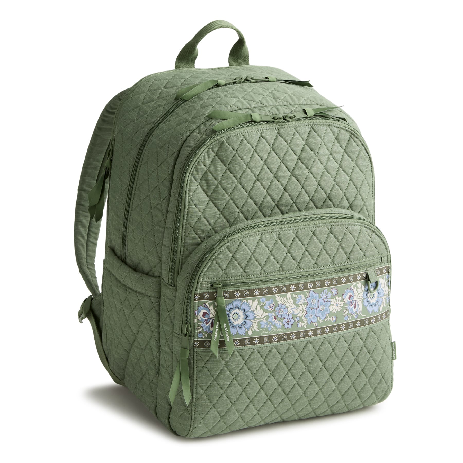 Green quilted backpack with a decorative zipper pull on a white background