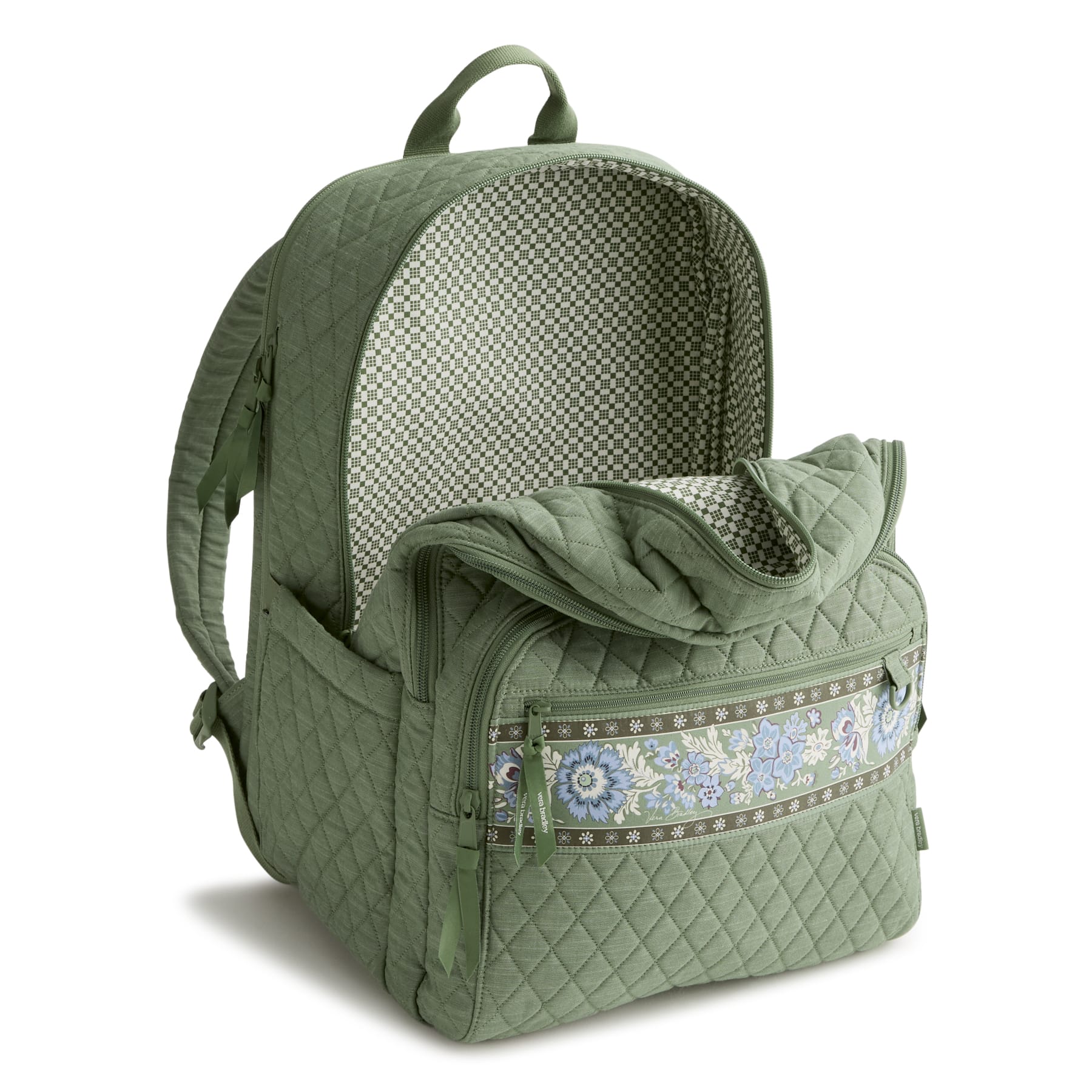 Green quilted backpack with floral pattern on a white background