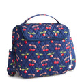 Blue quilted bag with cherry pattern on a white background