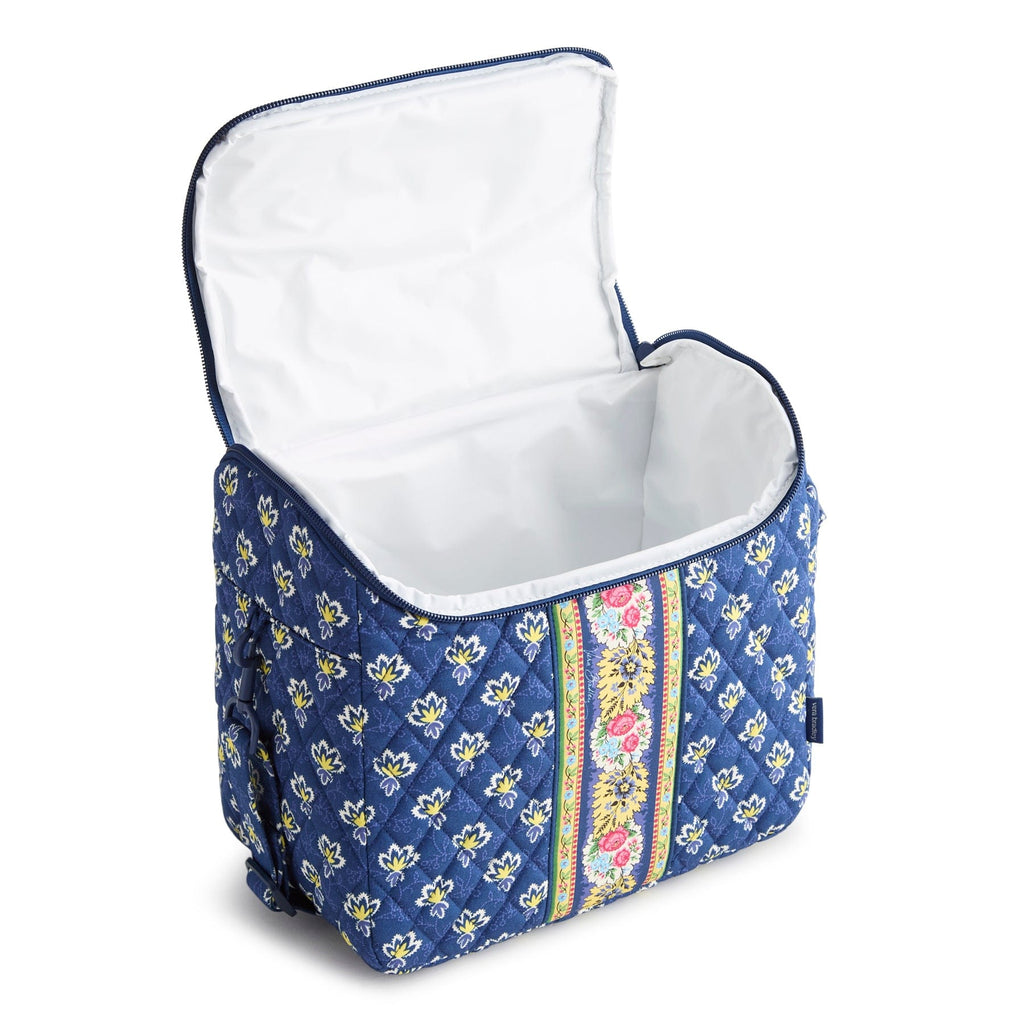 Blue floral-patterned cooler bag with white interior on a white background