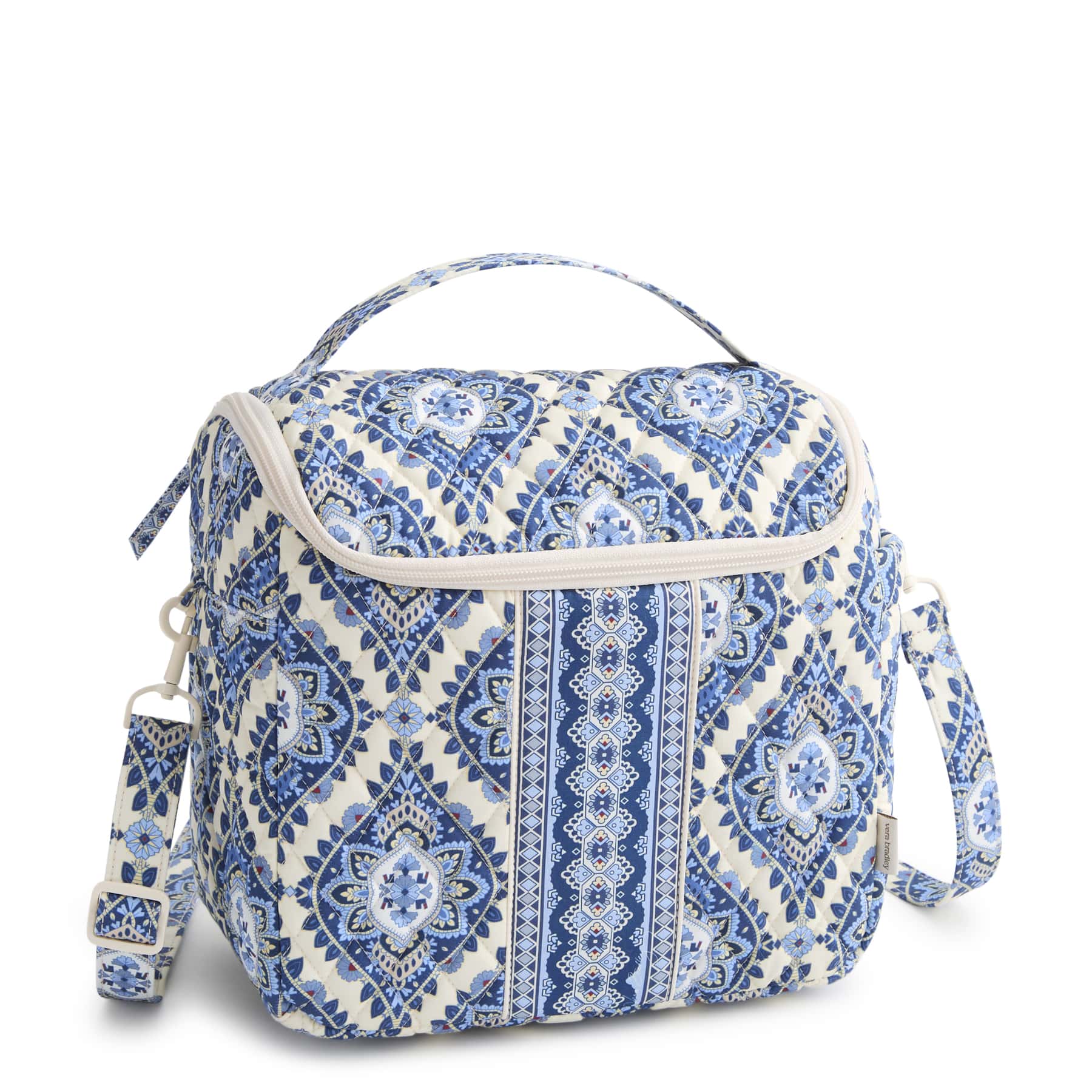 Blue and white patterned bag on a white background