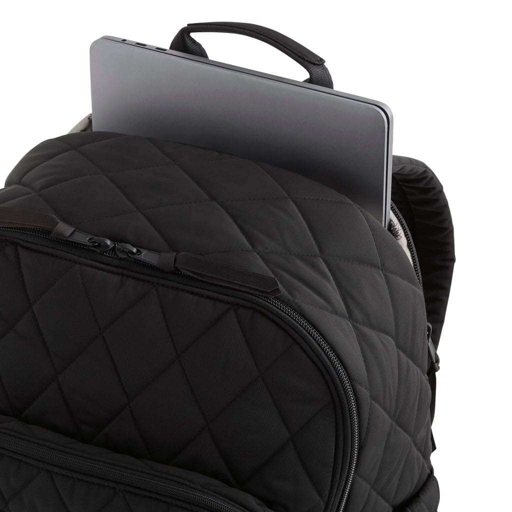 Black quilted backpack with a laptop compartment on a white background