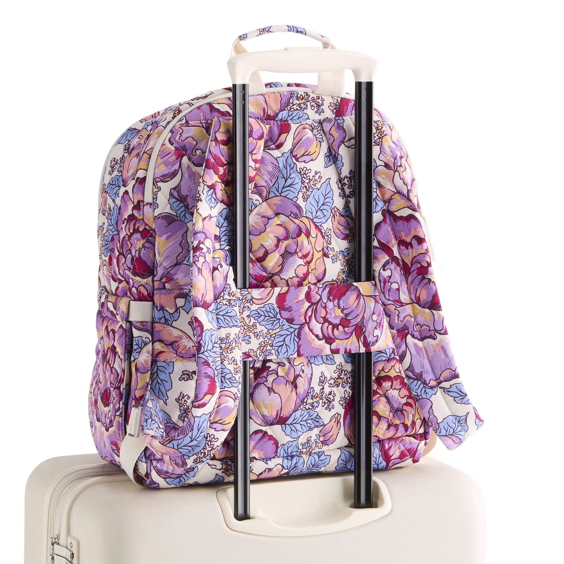 Floral-patterned backpack with wheels on a white background