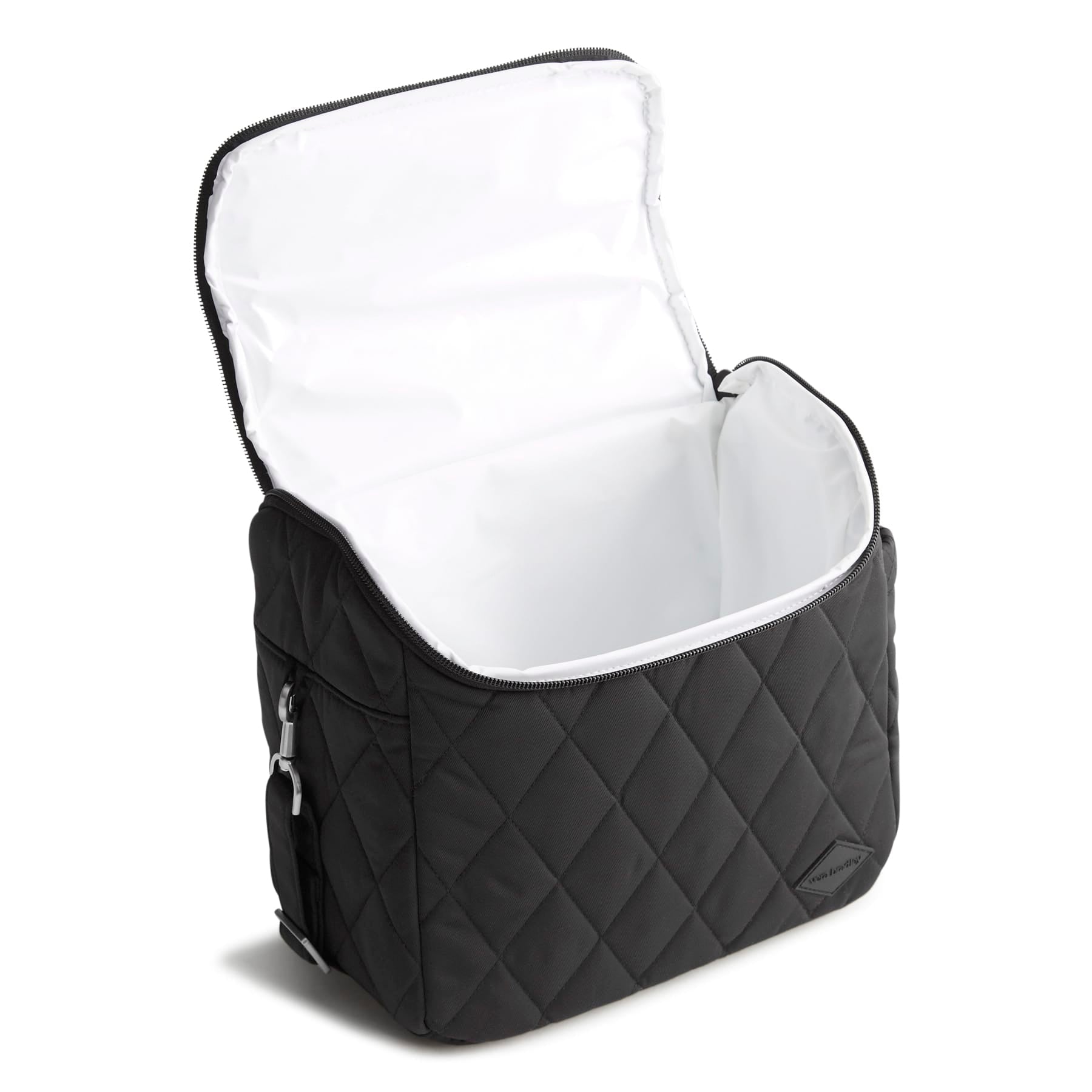 Black quilted diaper bag with white interior on a white background