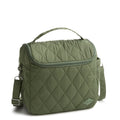 Green quilted bag with a strap on a white background