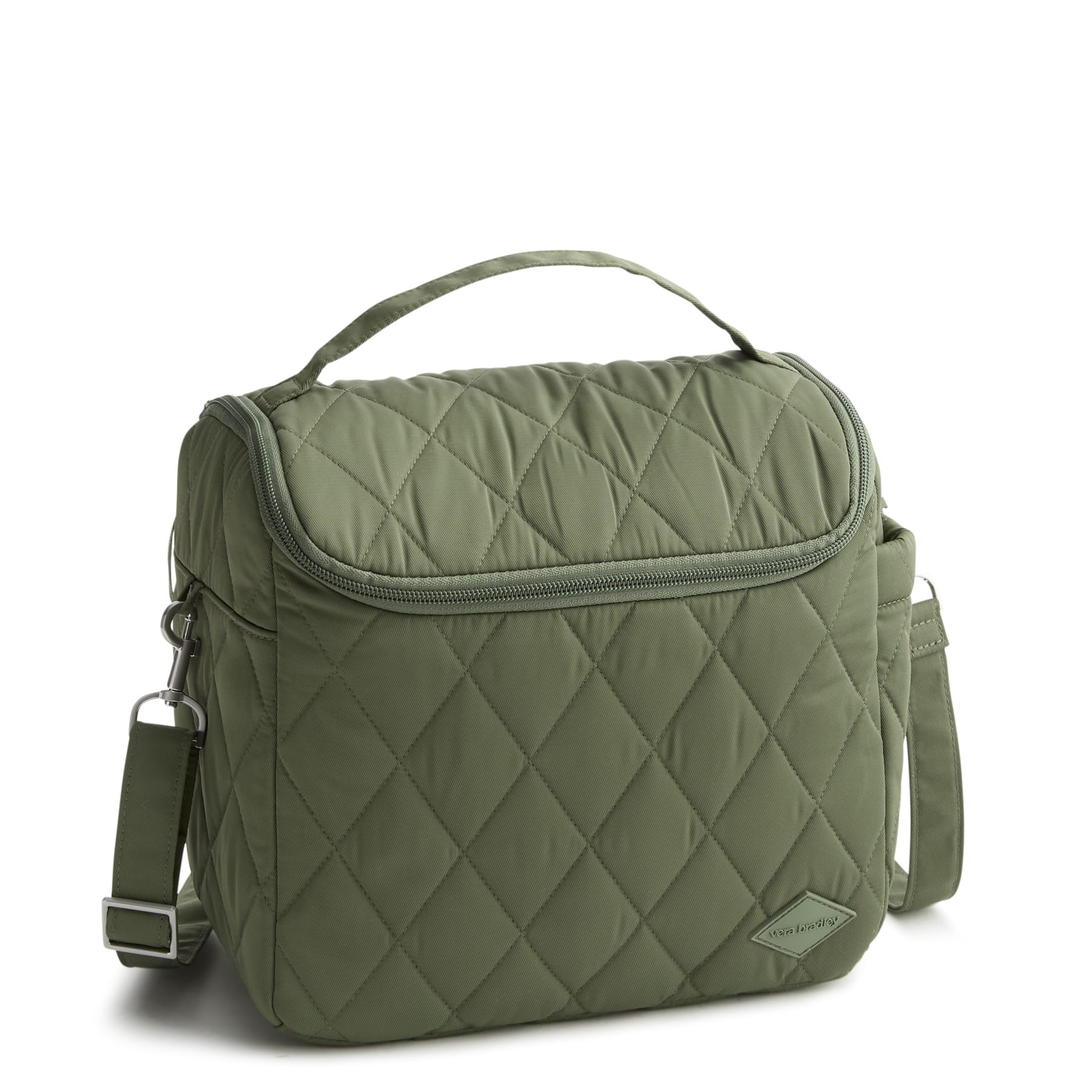 Green quilted bag with a strap on a white background
