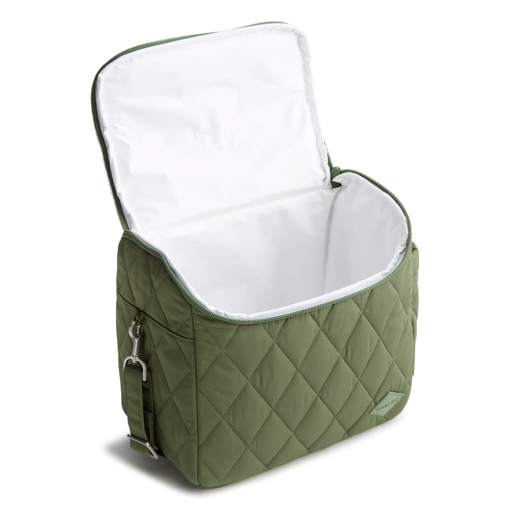 Green quilted cooler bag with white interior on a white background