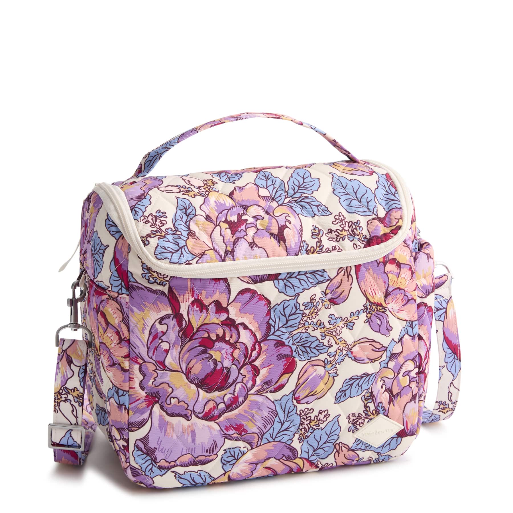 Floral patterned bag with a strap on a white background