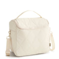 Beige quilted crossbody bag on a white background