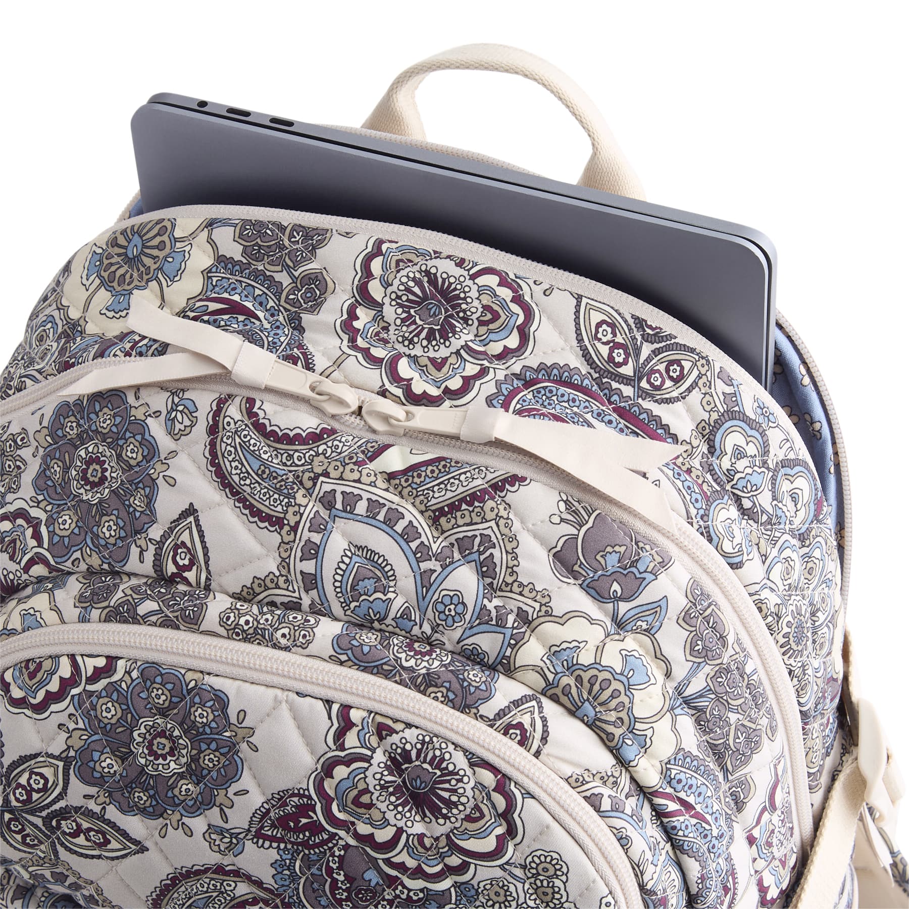 Patterned backpack with a laptop compartment on a white background